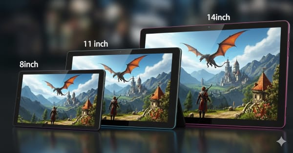 横に並んだ8インチと11インチと14インチのタブレット