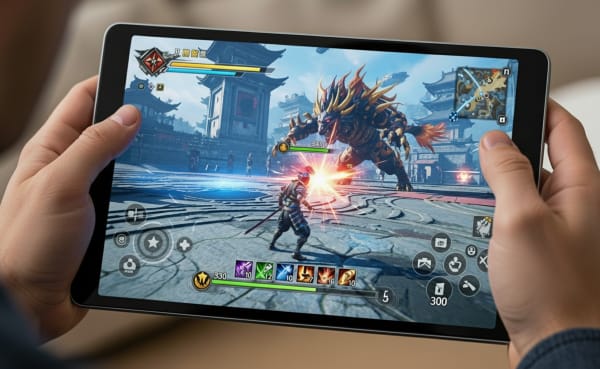 ゲーミングタブレットでアクションゲームをプレイする男性の手元